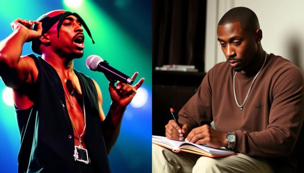 Split image showing Tupac in two contrasting settings - performing aggressively on stage and quietly writing poetry