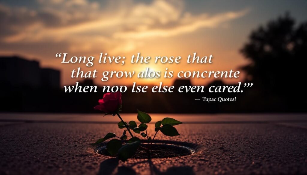 Sunset silhouette with quote from Tupac's poem 'The Rose That Grew From Concrete'