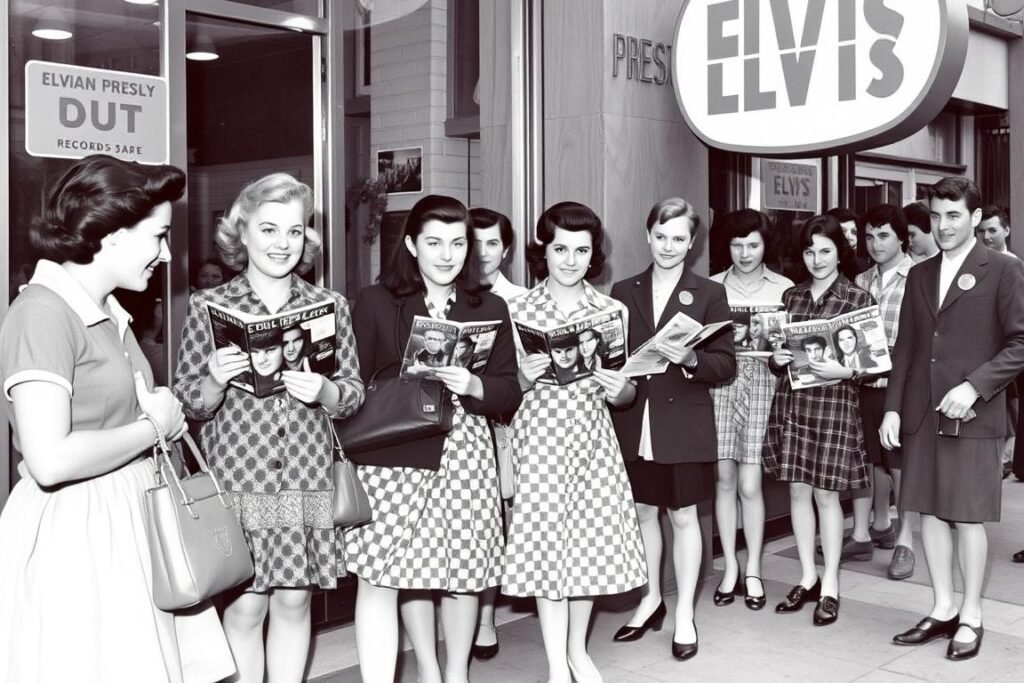 Teenage fans waiting in line to buy Elvis Presley records and merchandise