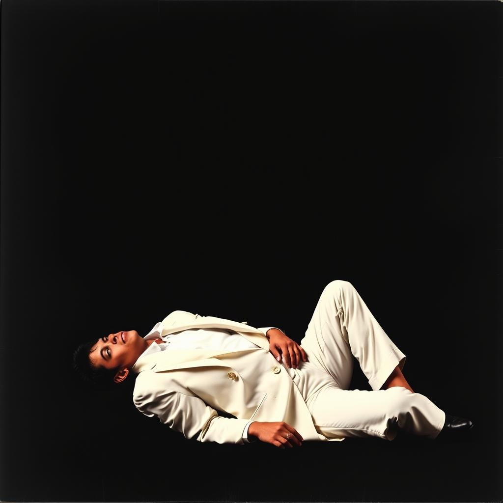 The iconic Thriller album cover featuring Michael Jackson in a white suit against a black background The iconic Thriller album cover featuring Michael Jackson in a white suit against a black background