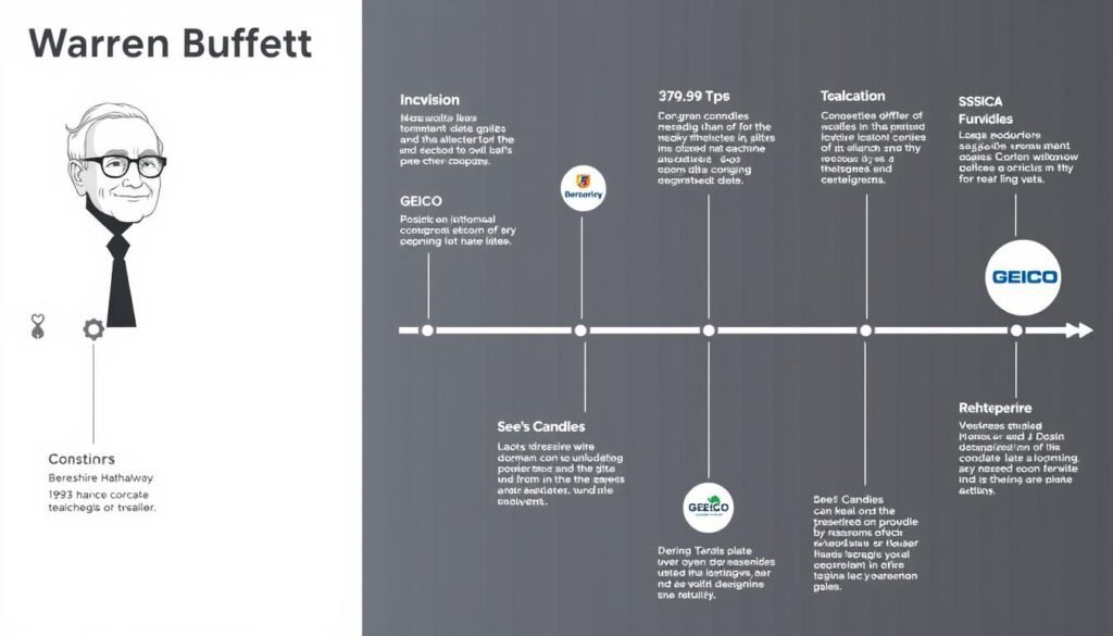 Timeline showing major milestones in Warren Buffett's career as the Oracle of Omaha Timeline showing major milestones in Warren Buffett's career as the Oracle of Omaha