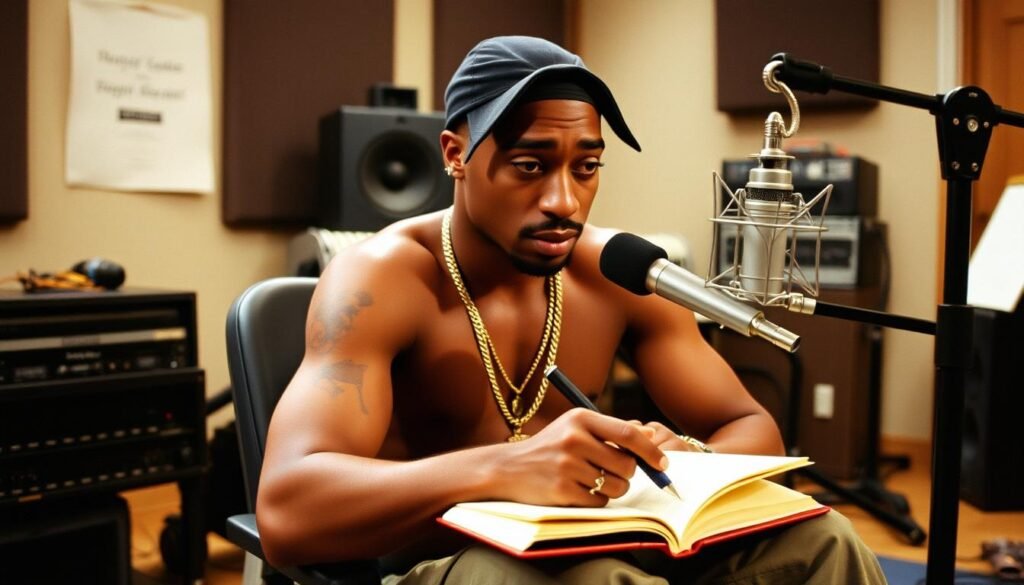 Tupac Shakur in a recording studio working on lyrics