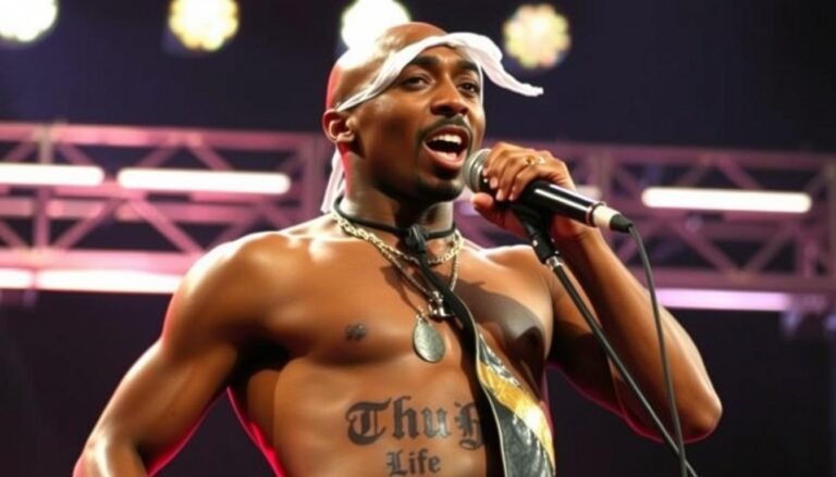 Tupac Shakur performing on stage with THUG LIFE tattooed across his abdomen