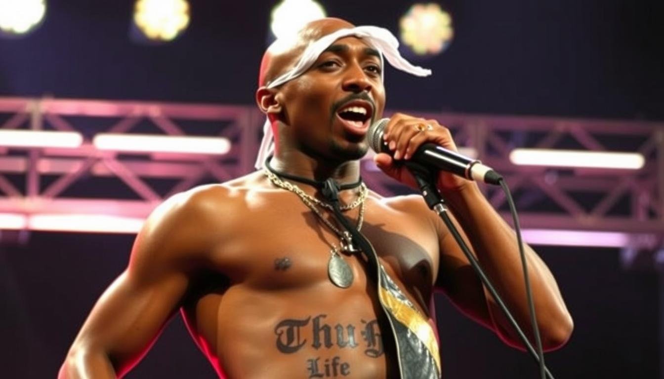 Tupac Shakur performing on stage with THUG LIFE tattooed across his abdomen