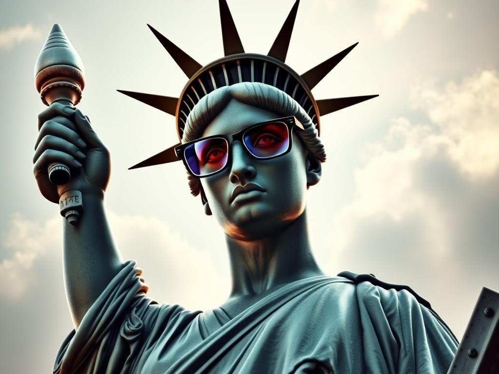 Visualization of Tupac's poem 'Liberty Needs Glasses' with Statue of Liberty imagery