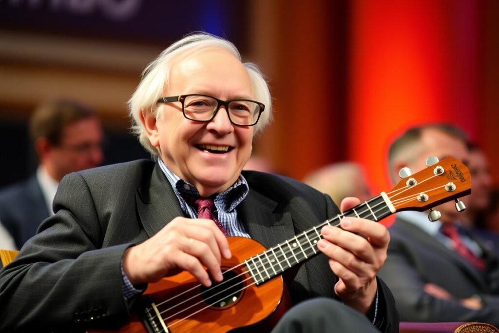 Warren Buffett playing ukulele, showing his humorous side as the Oracle of Omaha Warren Buffett playing ukulele, showing his humorous side as the Oracle of Omaha