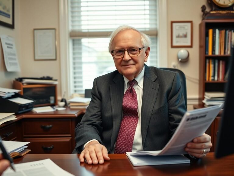 Warren Buffett sitting at his desk in his Omaha office, known as the Oracle of Omaha
