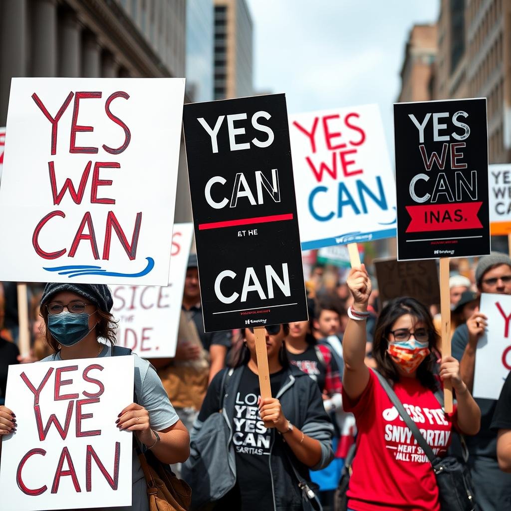 Yes We Can protest signs at social justice rally Yes We Can protest signs at social justice rally