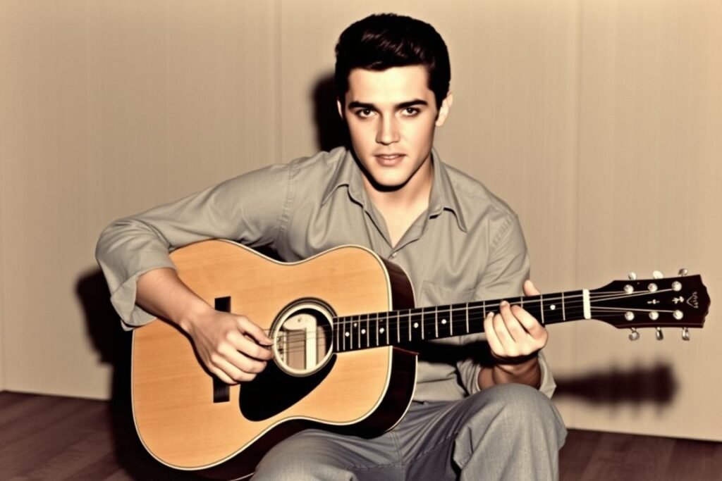 Young Elvis Presley with acoustic guitar showing his country music roots