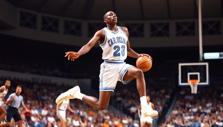 Young Michael Jordan playing basketball at North Carolina, showcasing his early Air to the Throne journey