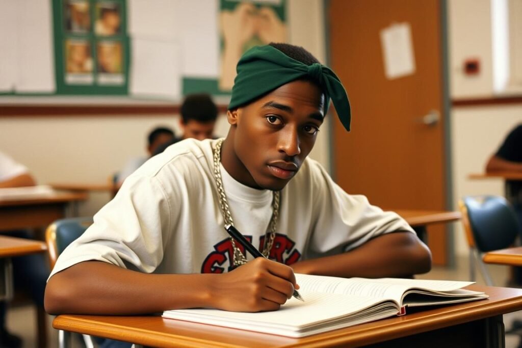Young Tupac Shakur writing in a notebook at the Baltimore School for the Arts