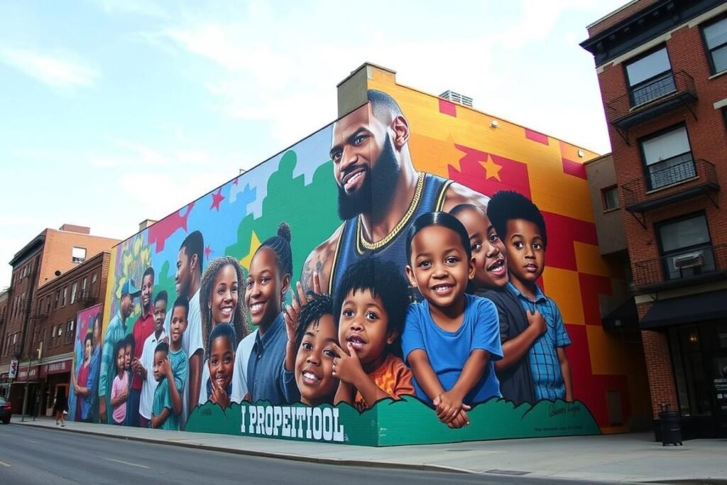 A mural in Akron depicting LeBron James as the Kid From Akron with his philanthropic achievements A mural in Akron depicting LeBron James as the Kid From Akron with his philanthropic achievements