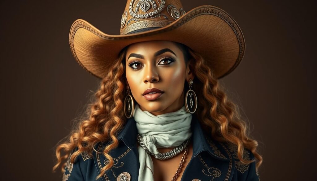 Beyoncé in cowboy attire from her country-influenced album 'Cowboy Carter', demonstrating her genre versatility
