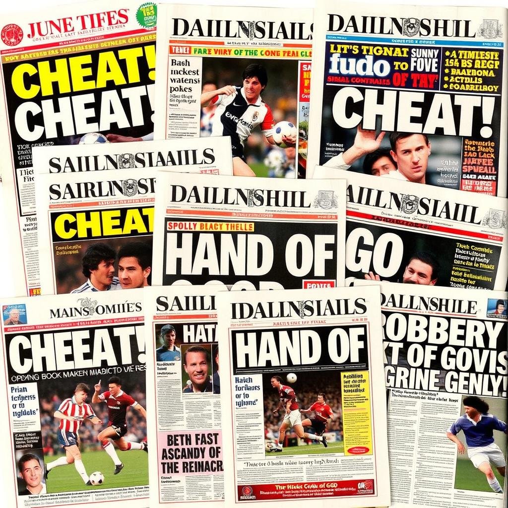 British newspaper headlines condemning Maradona's Hand of God goal