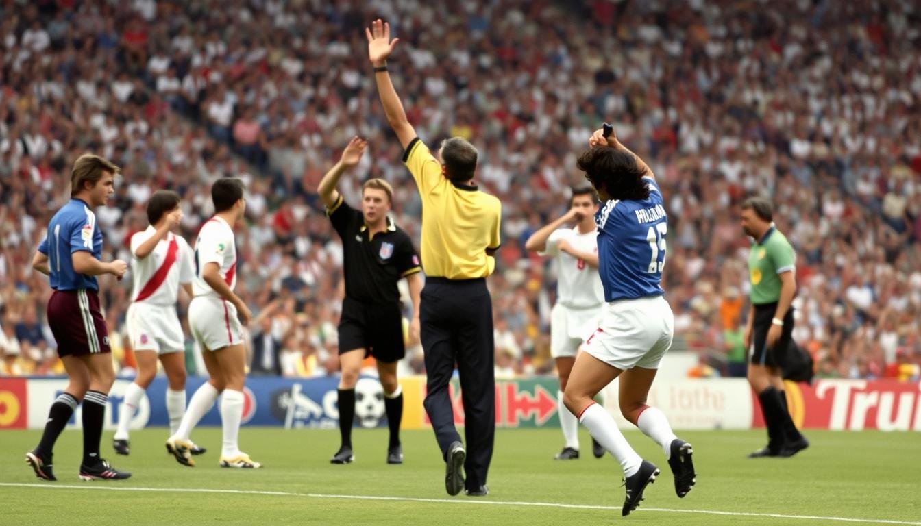 Diego Maradona celebrating the Hand of God goal against England in the 1986 World Cup quarter-final