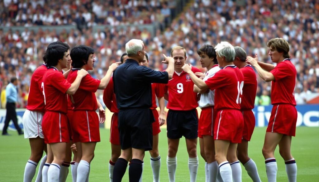 England players protesting to referee Ali Bin Nasser after the Hand of God goal