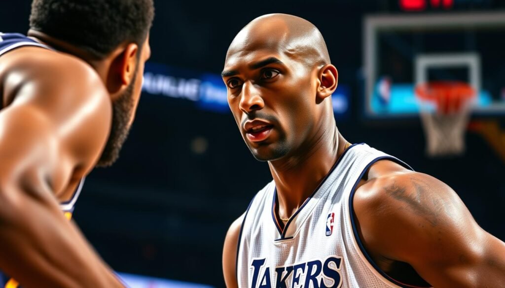 Kobe Bryant facing off against an opponent with intense competitive focus Kobe Bryant facing off against an opponent with intense competitive focus