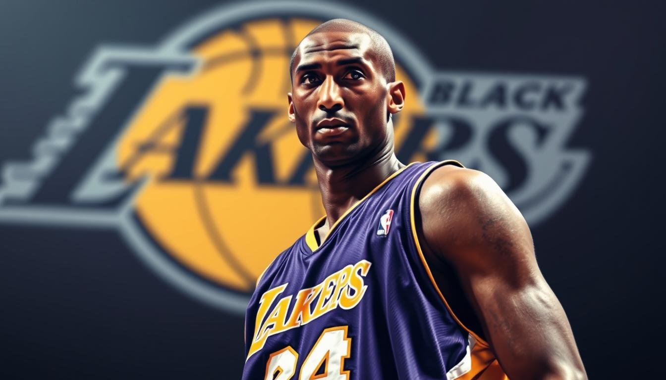 Kobe Bryant in his Lakers jersey with the Black Mamba logo