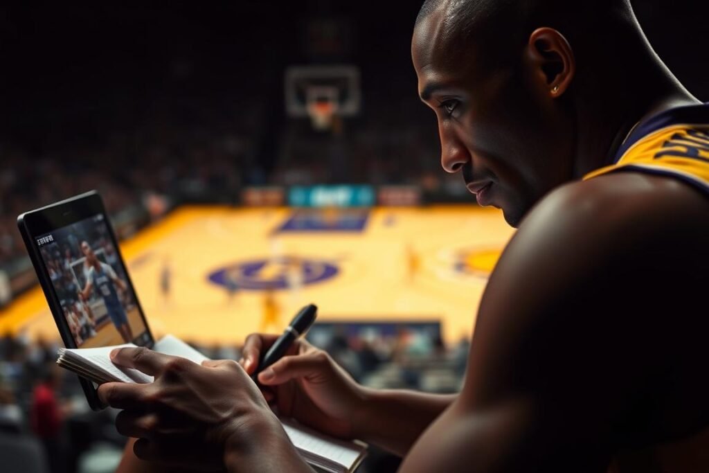 Kobe Bryant studying game film with intense focus Kobe Bryant studying game film with intense focus