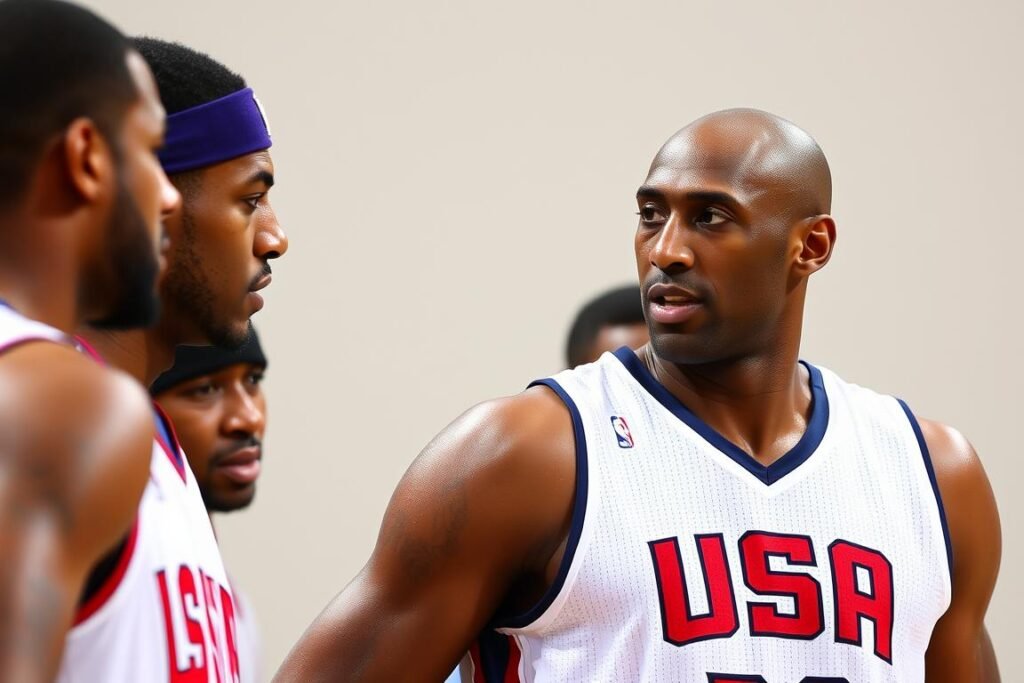 Kobe Bryant with Team USA at the Olympics showing leadership Kobe Bryant with Team USA at the Olympics showing leadership