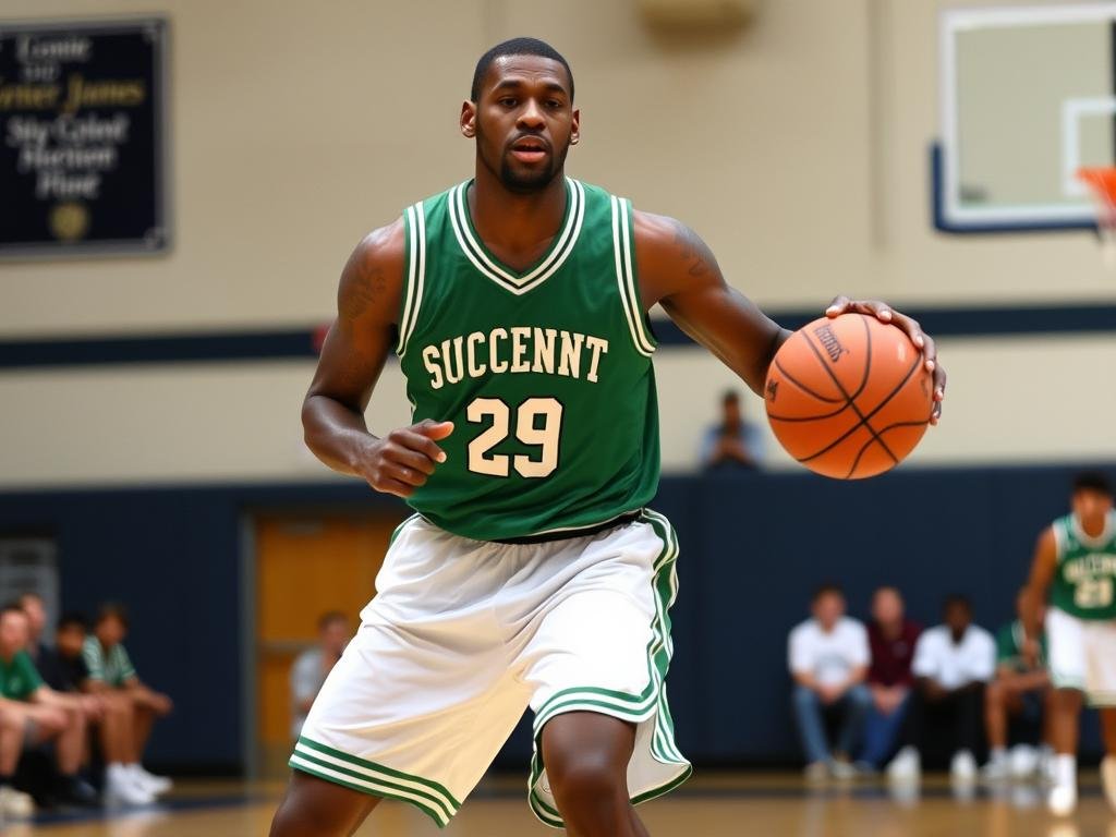 LeBron James in his St. Vincent-St. Mary High School uniform, showing the Kid From Akron's early basketball dominance LeBron James in his St. Vincent-St. Mary High School uniform, showing the Kid From Akron's early basketball dominance