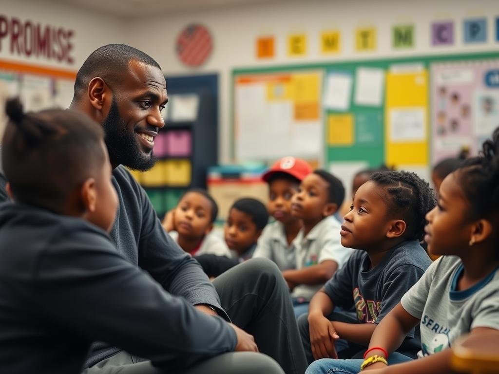 LeBron James interacting with students at the I PROMISE School in Akron, showing the Kid From Akron giving back LeBron James interacting with students at the I PROMISE School in Akron, showing the Kid From Akron giving back
