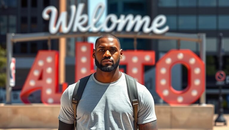 LeBron James standing in front of an Akron, Ohio sign, representing his roots as the Kid From Akron