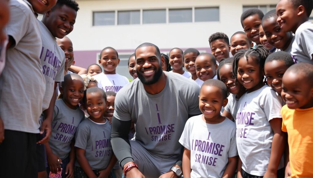LeBron James with I PROMISE School students, embodying his commitment as the Kid From Akron LeBron James with I PROMISE School students, embodying his commitment as the Kid From Akron
