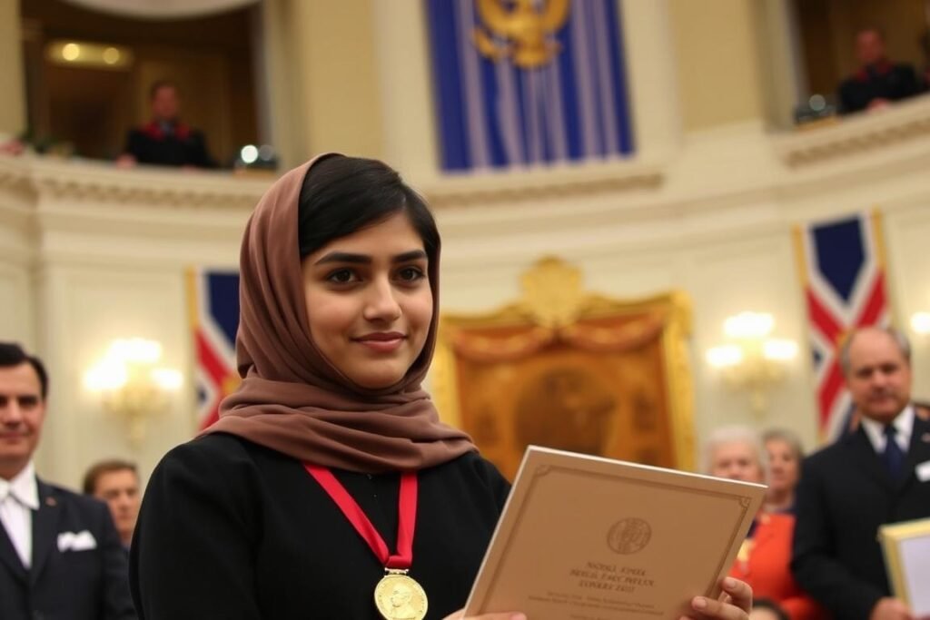 Malala Yousafzai receiving the Nobel Peace Prize in Oslo, Norway in 2014 Malala Yousafzai receiving the Nobel Peace Prize in Oslo, Norway in 2014