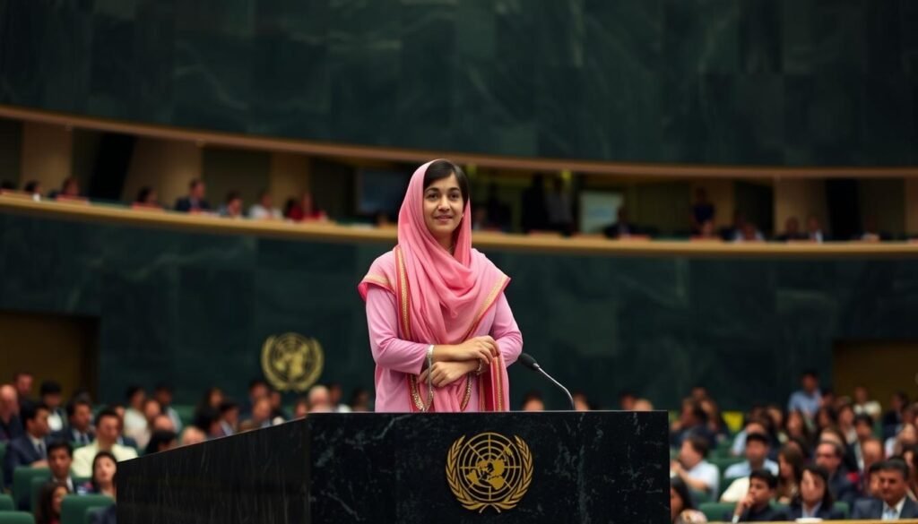 Malala Yousafzai speaking at the United Nations Youth Assembly in 2013 Malala Yousafzai speaking at the United Nations Youth Assembly in 2013