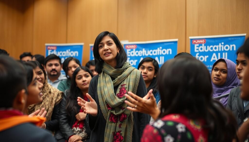 Malala Yousafzai speaking to a diverse group of young education activists Malala Yousafzai speaking to a diverse group of young education activists