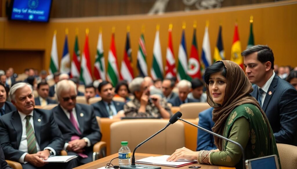 Malala speaking with world leaders at a global education conference Malala speaking with world leaders at a global education conference