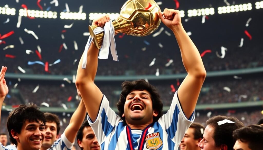 Maradona lifting the World Cup trophy after Argentina's victory in 1986