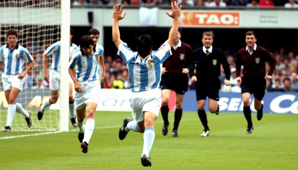 Maradona running away in celebration after scoring the Hand of God goal