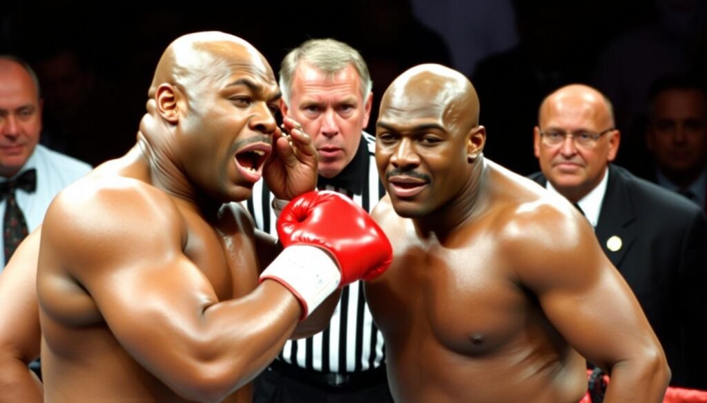 Mike Tyson biting Evander Holyfield's ear in infamous 1997 fight Mike Tyson biting Evander Holyfield's ear in infamous 1997 fight