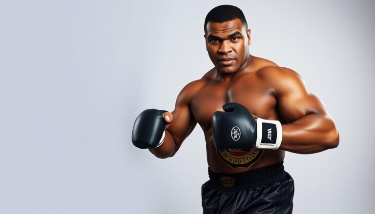 Mike Tyson in boxing stance with championship belt