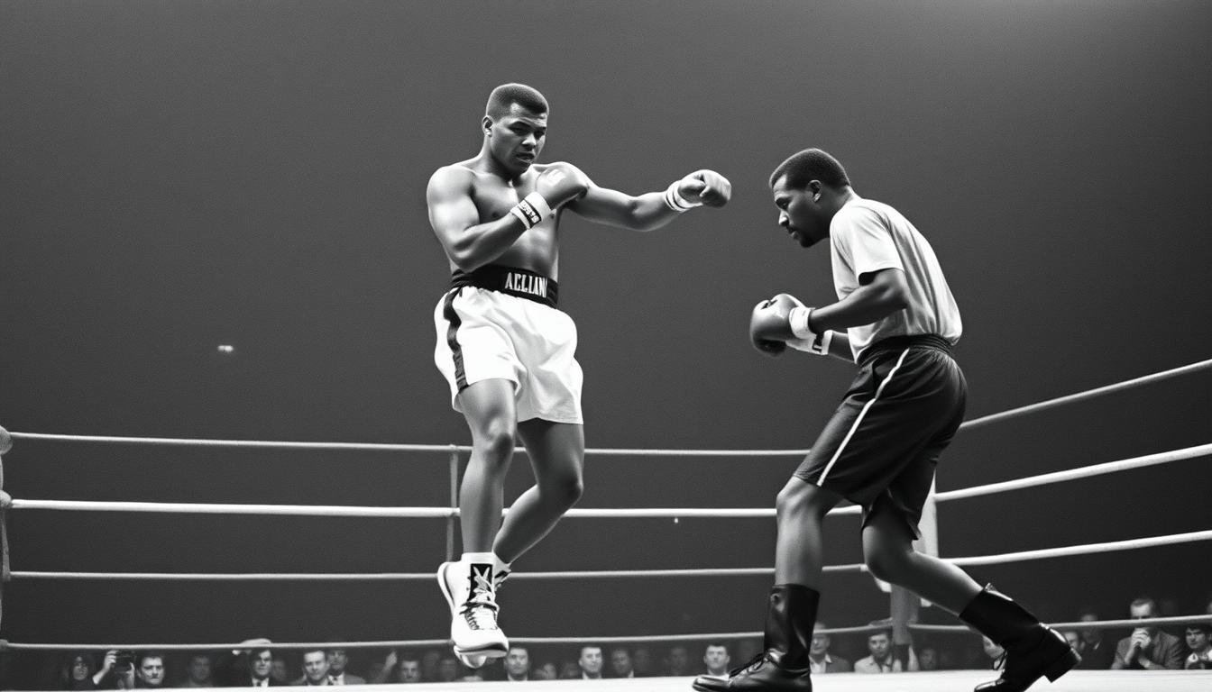 Muhammad Ali demonstrating his famous floating footwork in the ring against Sonny Liston