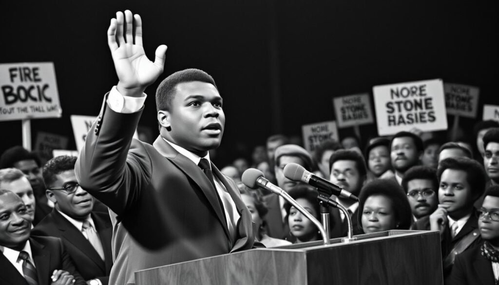 Muhammad Ali speaking passionately at a civil rights rally, inspiring the crowd