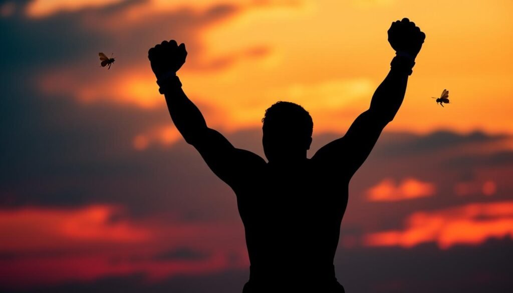 Muhammad Ali's silhouette with his arms raised in his iconic victory pose