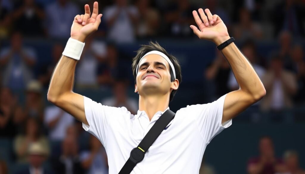 Roger Federer after winning the 2017 Australian Open against Rafael Nadal Roger Federer after winning the 2017 Australian Open against Rafael Nadal