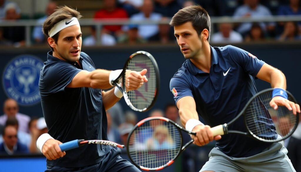 Roger Federer and Novak Djokovic in action during a match Roger Federer and Novak Djokovic in action during a match