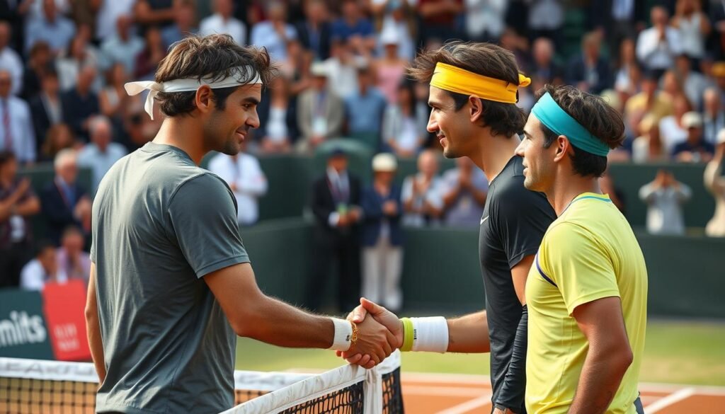 Roger Federer and Rafael Nadal at the net after an epic match Roger Federer and Rafael Nadal at the net after an epic match
