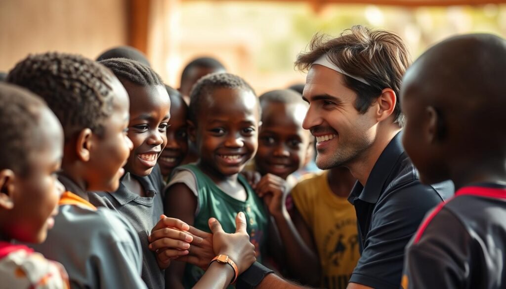 Roger Federer at a Roger Federer Foundation event with children Roger Federer at a Roger Federer Foundation event with children