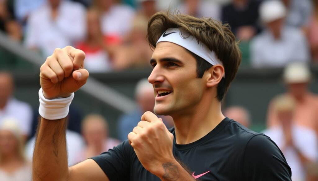 Roger Federer celebrating a crucial point in an intense match Roger Federer celebrating a crucial point in an intense match
