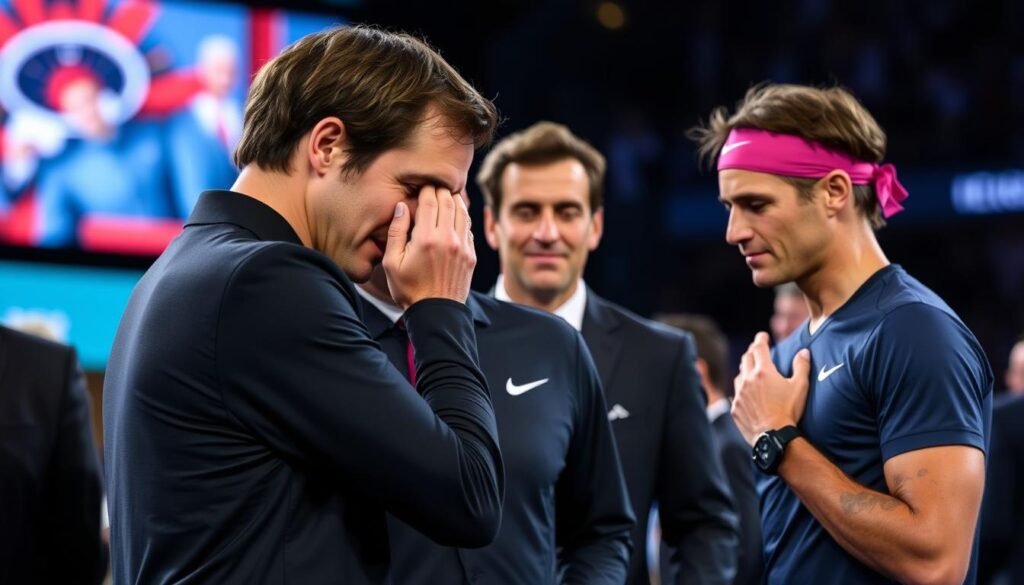 Roger Federer emotional during his retirement ceremony at the 2022 Laver Cup Roger Federer emotional during his retirement ceremony at the 2022 Laver Cup