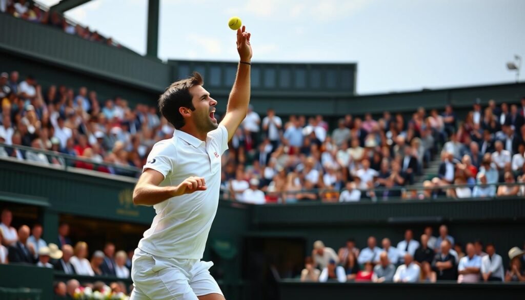 Roger Federer executing a perfect serve at Wimbledon Roger Federer executing a perfect serve at Wimbledon