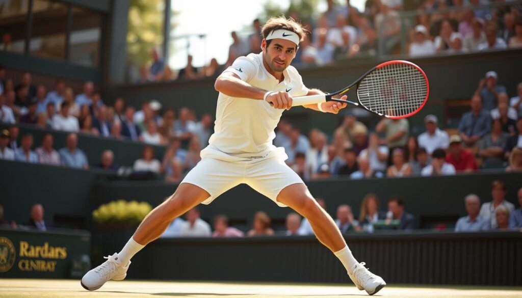 Roger Federer executing his iconic one-handed backhand Roger Federer executing his iconic one-handed backhand