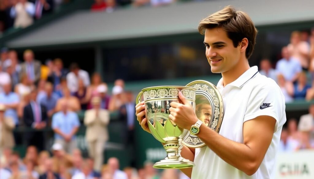 Roger Federer holding his first Wimbledon trophy in 2003 Roger Federer holding his first Wimbledon trophy in 2003