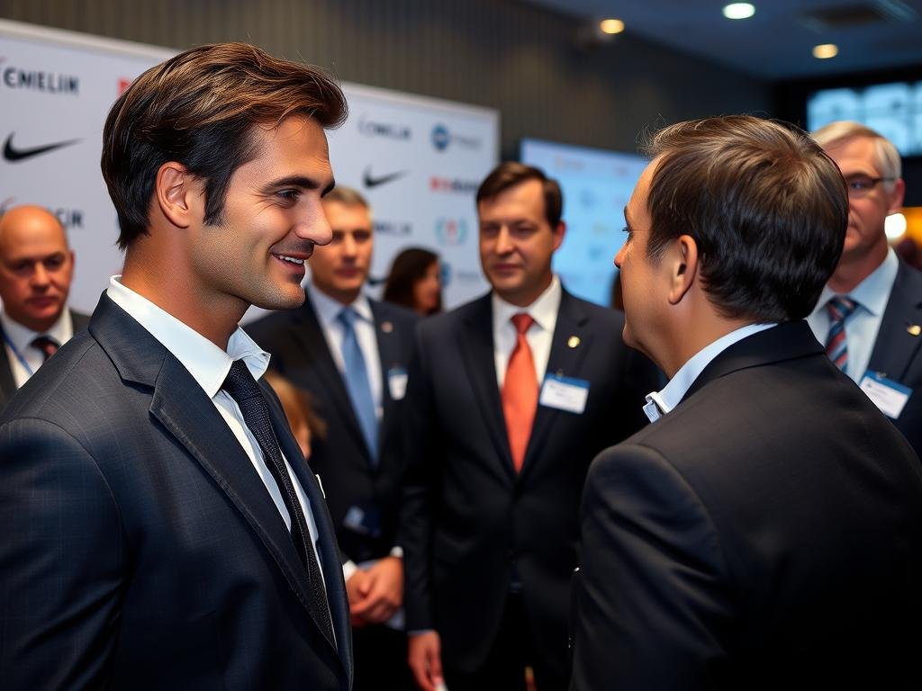 Roger Federer in a business setting with sponsors Roger Federer in a business setting with sponsors