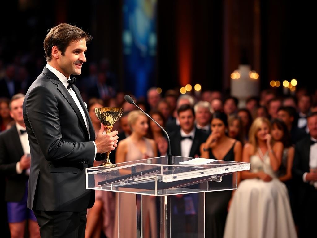Roger Federer receiving an award at a formal ceremony Roger Federer receiving an award at a formal ceremony